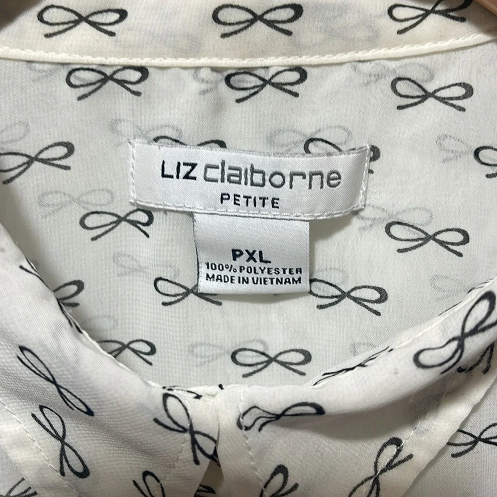 Liz Claiborne White Sheer Button-Up Blouse with Black Bow Pattern Size PXL - Picture 2 of 4